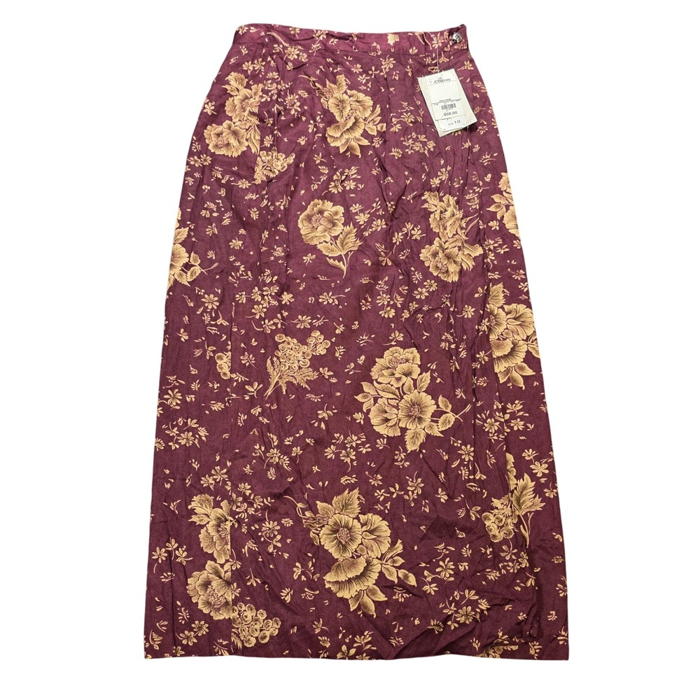 Vintage Jones Wear Floral Maxi Skirt Women's 10 Burgundy Tan Rayon Lined NWT